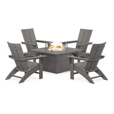 POLYWOOD Modern 5-Piece Curveback Adirondack Conversation Set w/ Fire Pit Table - Slate Grey